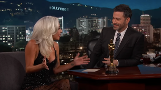 Lady Gaga sinks the Bradley Cooper shippers and shows off her Oscar on<i> Jimmy Kimmel Live!</i>